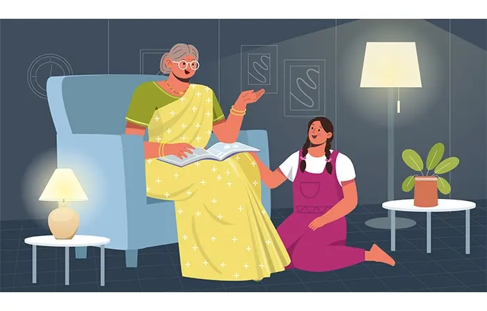 Old Granny Telling Story to Her Granddaughter Character Design Stock Art Illustration image
