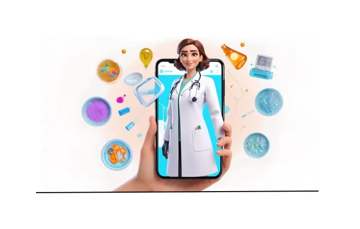 Online Healthcare and Mobile Doctor Cartoon Character Design Illustration