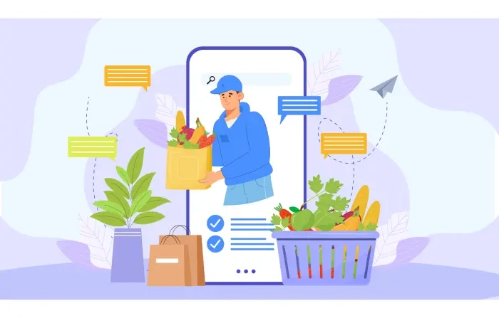 Online Home Grocery Delivery Cartoon Character Illustration