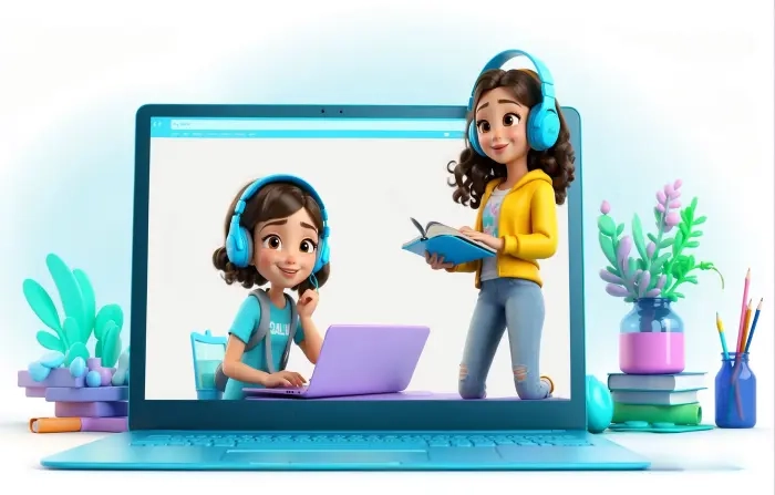 Online Learning Girls High Quality 3D Cartoon Illustration