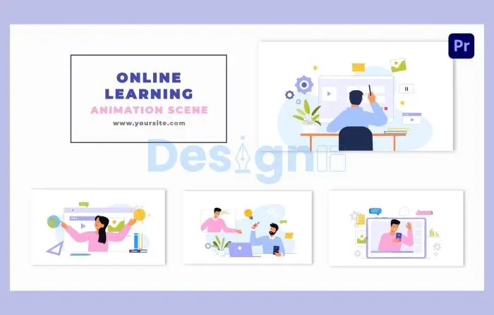 Online Learning Students Flat Character Animation Scene