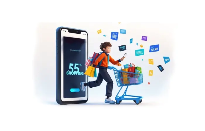 Online Shopping Boy with Trolley and Shopping Bags 3D Illustration