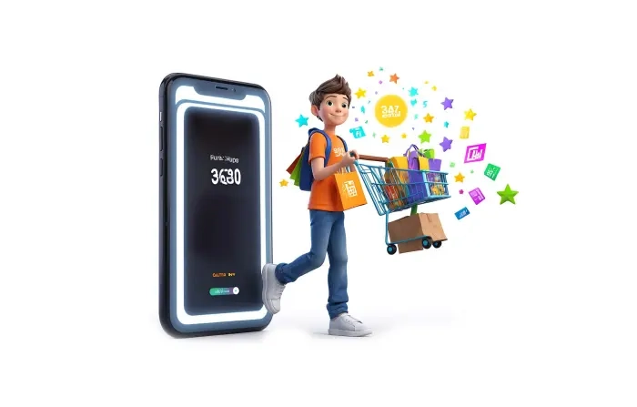 Online Shopping Concept Boy with Trolley and Shopping Bags 3D Image