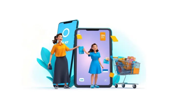 Online Shopping Girl with Trolley and Mobile 3D Character Illustration