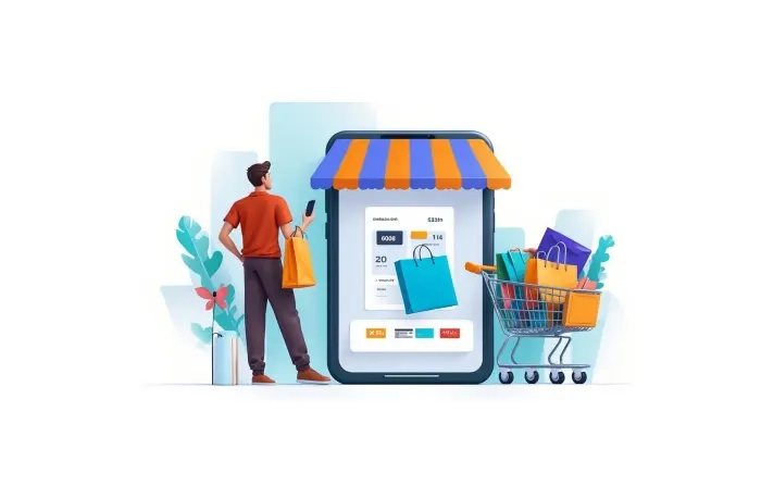 Online Shopping Man with Trolley and Mobile 3D Character Illustration image