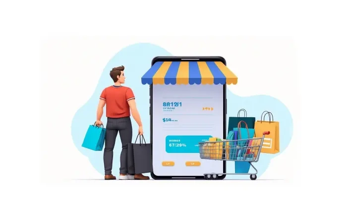 Online Shopping Man with Trolley and Mobile 3D Design Character Illustration
