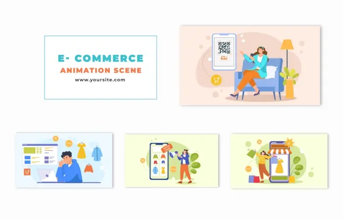 Online Shopping Process in Flat Character Animation Scene