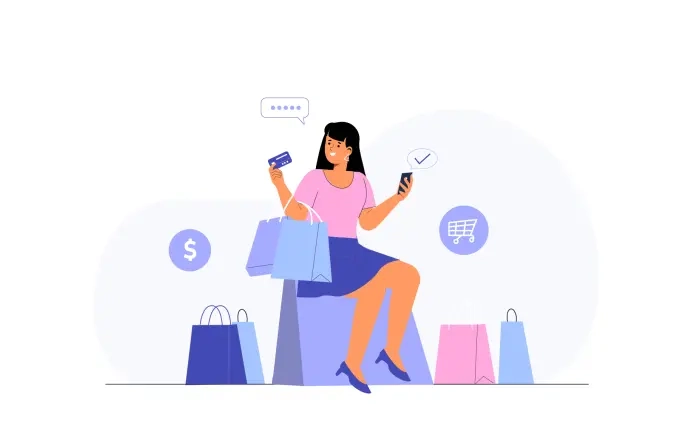 Online Shopping Woman Buys Clothes Using Credit Card Illustration image