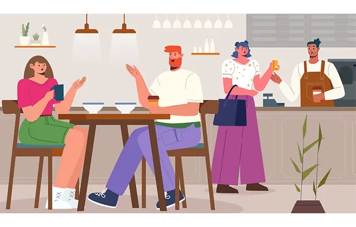 People Dining in Restaurant Flat 2D Vector Art Illustration
