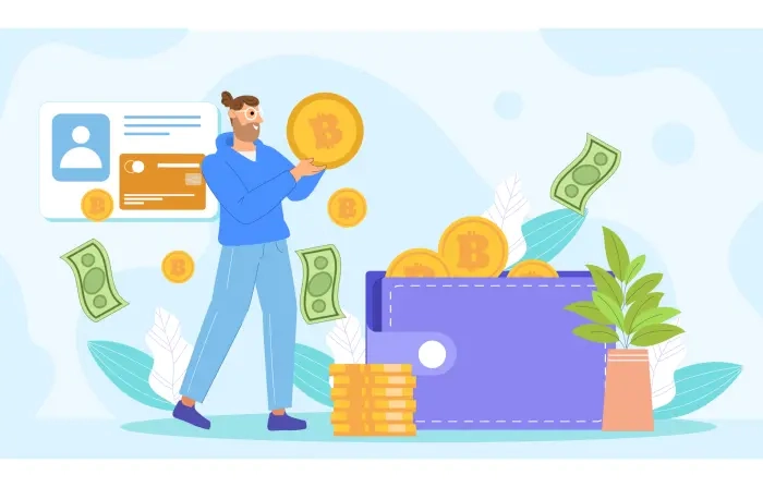 Person Investing in Bitcoin in Flat Cartoon Illustration image