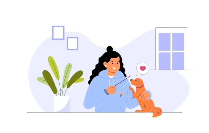 Girl Plays with Her Dog Vector Illustration
