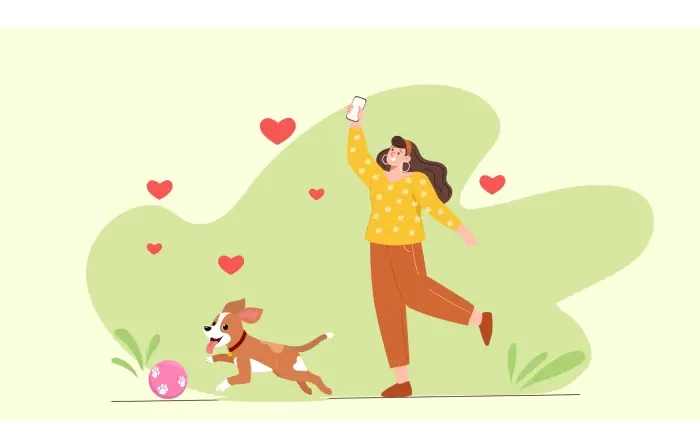 Pet Lover Girl Playing with Her Dog 2D Character Illustration