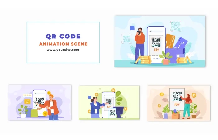 QR Code Payment 2D Vector Cartoon Animation Scene