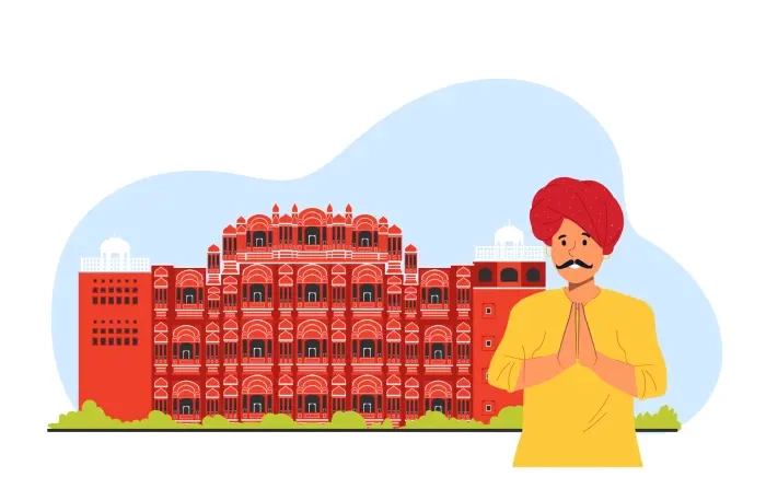 Rajasthani Man Standing in Front of Hawa Mahal Illustration image