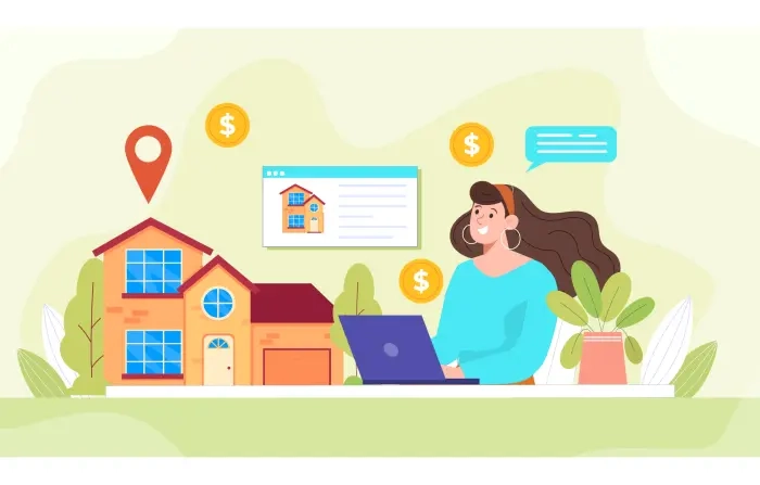 Real Estate Search Vector Art with Female Character Illustration