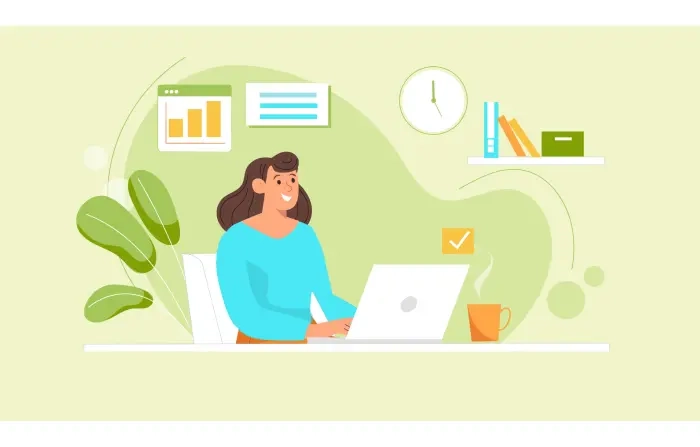 Remote Work Flat Illustration with Female Character and Laptop