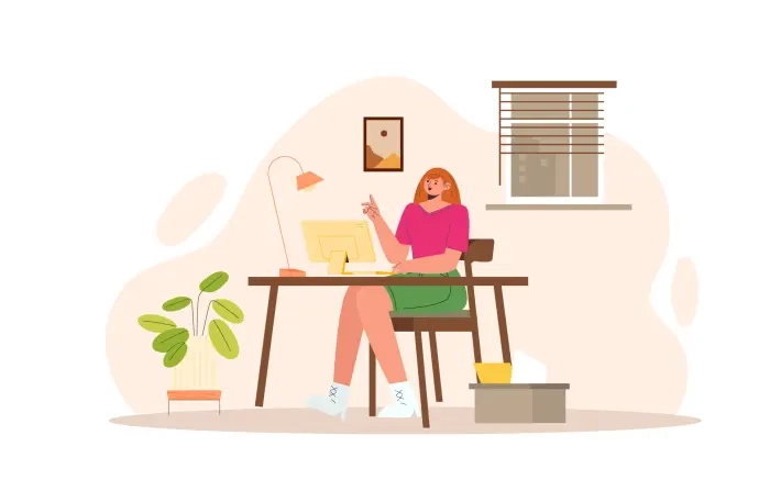 Remote Working Girl with a Computer at Home Vector Illustration