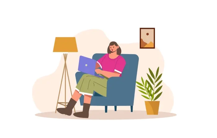 Remote Working Girl with a Laptop at Home Flat Character Illustration image