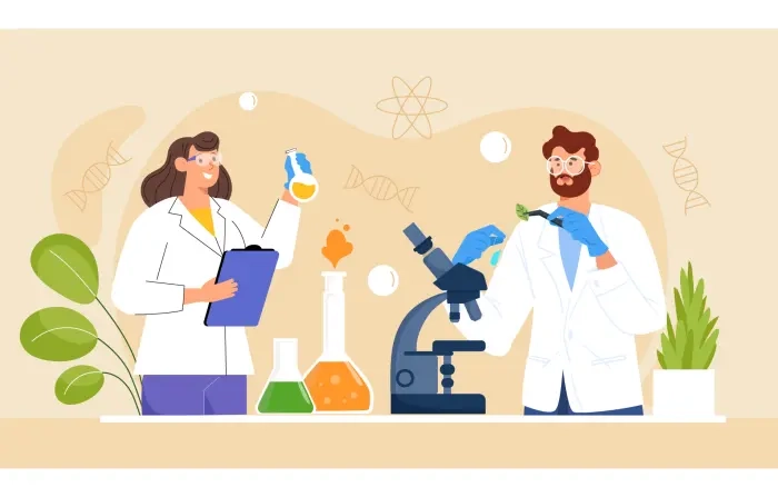 Research Laboratory Workspace and Scientist Team Character Illustration image