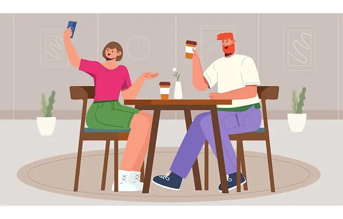 Romantic Couple at Cafe Taking Selfie with Coffee Vector Design Illustration
