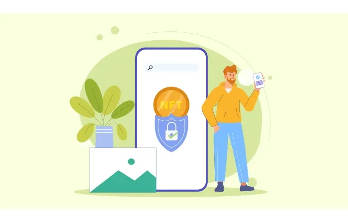 Secure NFT Invested Man with Mobile 2D Character Illustration image