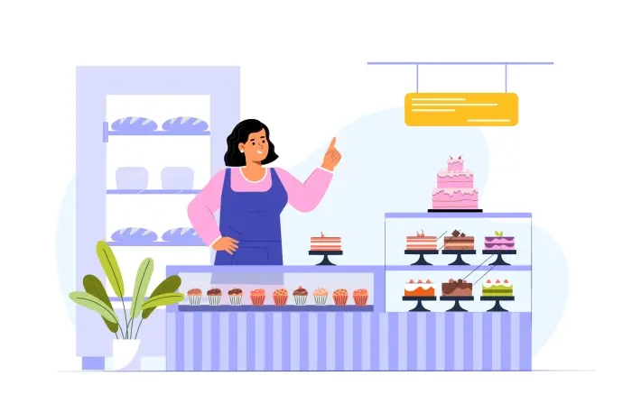 Shop Assistant Working and Selling Fresh Cakes Flat Character Illustration