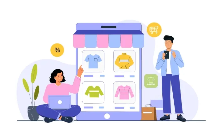 Shopping from Online Store Flat Characters Illustration image
