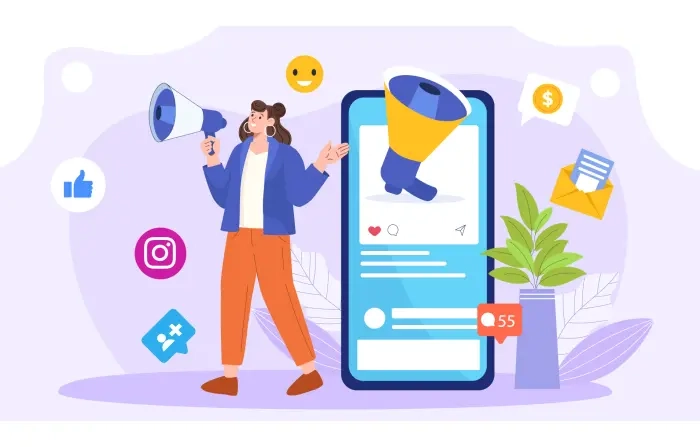 Social Media Marketing Concept Flat Character Template with Megaphone