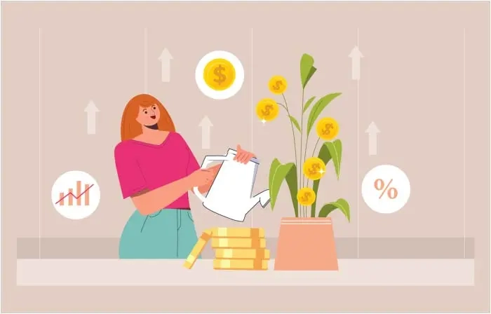 Stock Market Concept Girl Watering Money Plant Flat Design Illustration