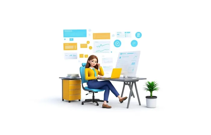 Stunning Woman in 3D Design Character with Market Charts and Laptop Illustration