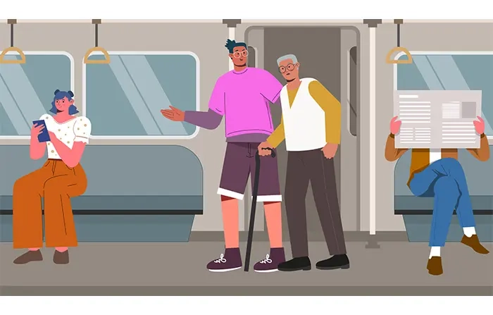 Subway Train Passengers Sitting and Standing Vector Artwork Illustration