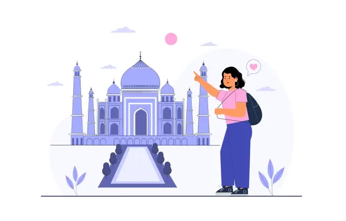 Travelling Girl in Front of Taj Mahal Character Illustration