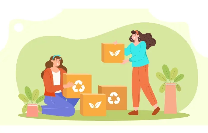 Vector Cartoon of Girls and Sustainable Box Illustration