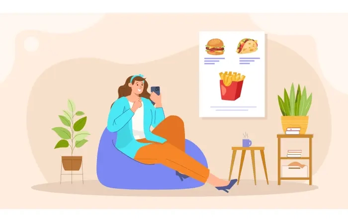 Vector Design Girl Ordering Online Junk Food Illustration