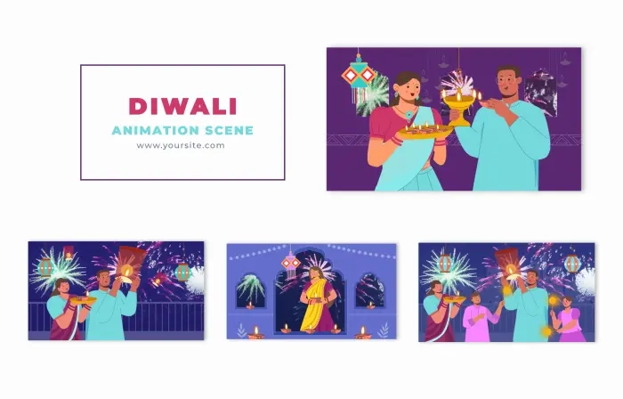 Vector Diwali Celebration Flat Avatar Animation Scene