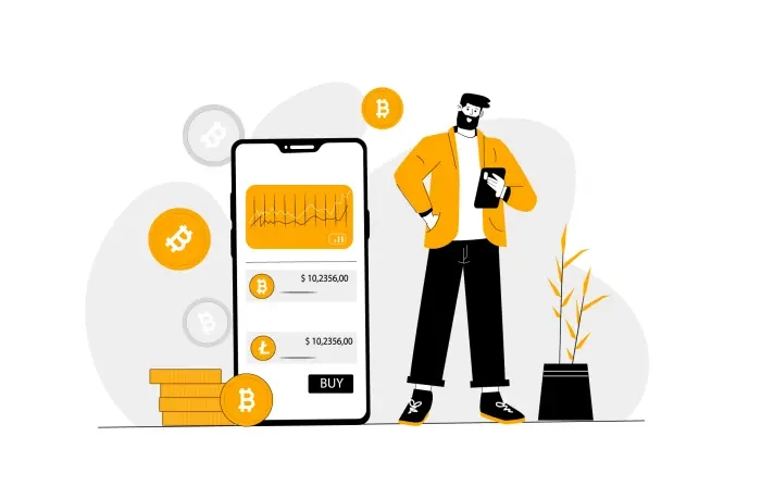 Vector Stock Illustration of Cryptocurrency Trading Man with Mobile