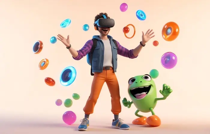 Virtual Reality Experiencing Boy Cartoon Character Illustration