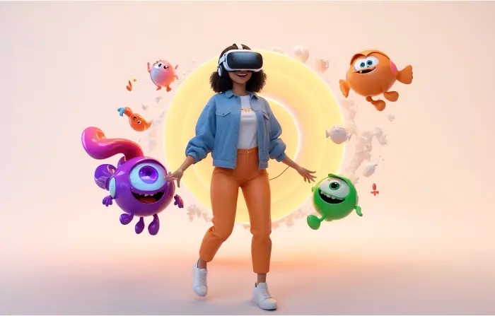 Virtual Reality Experiencing Girl 3D Character Illustration Template