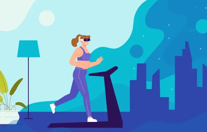 Virtual Reality Girl on Treadmill with Headset Flat Character Illustration