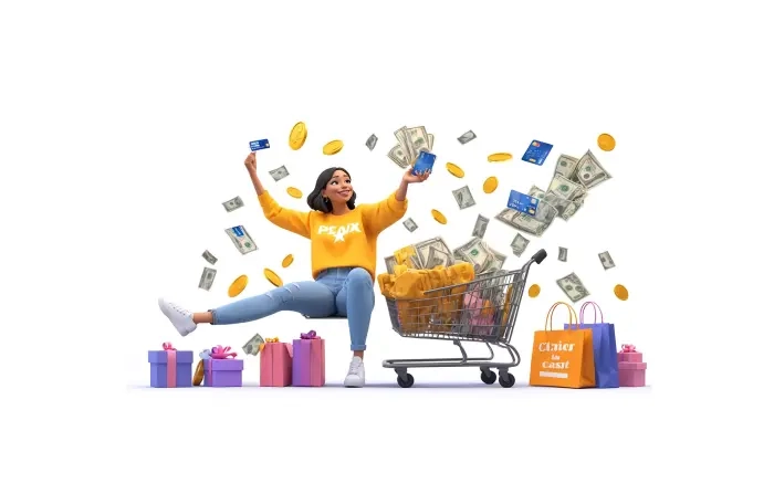 Virtual Shopping Girl with Trolley and Credit Card 3D Design Illustration