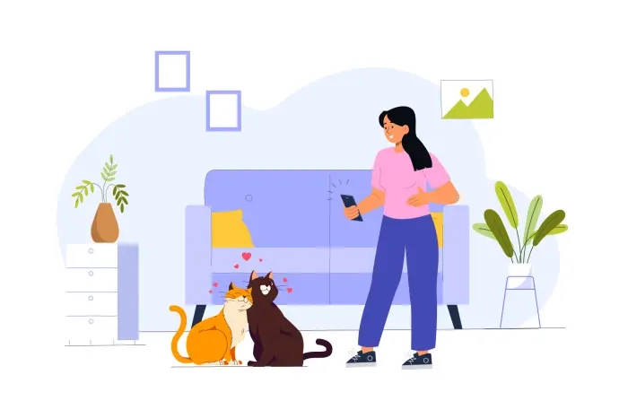 Woman Clicking Cats Photo 2d Illustration image
