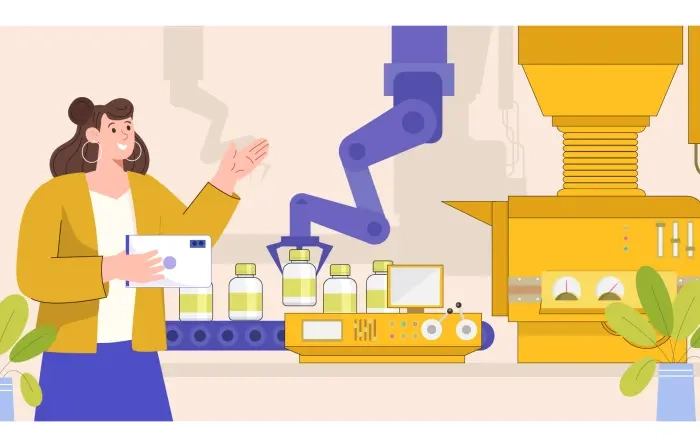 Woman Operating Production Line with Mobile Flat Vector Illustration