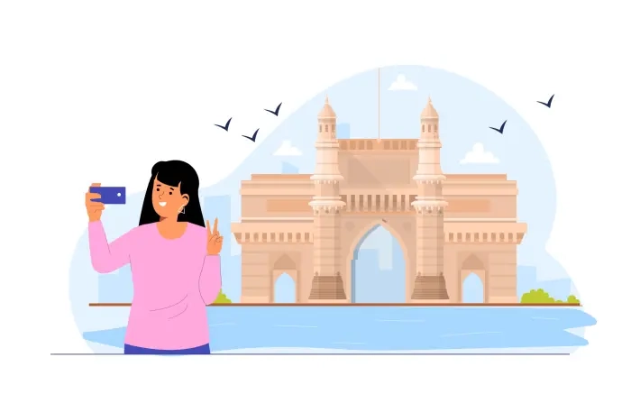 Woman Standing in Front of Gate of India Illustration image