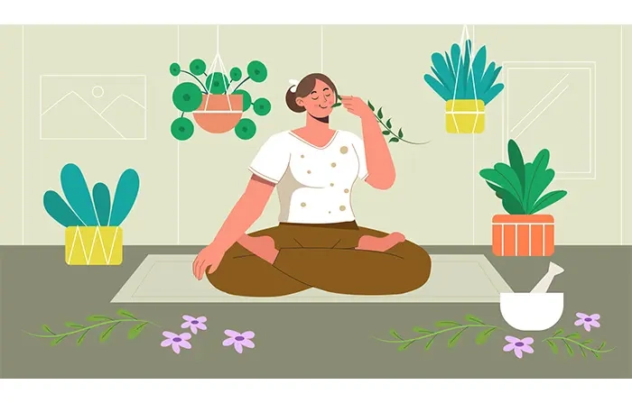 Woman Surrounded by Ayurvedic Leaves Vector Art Illustration