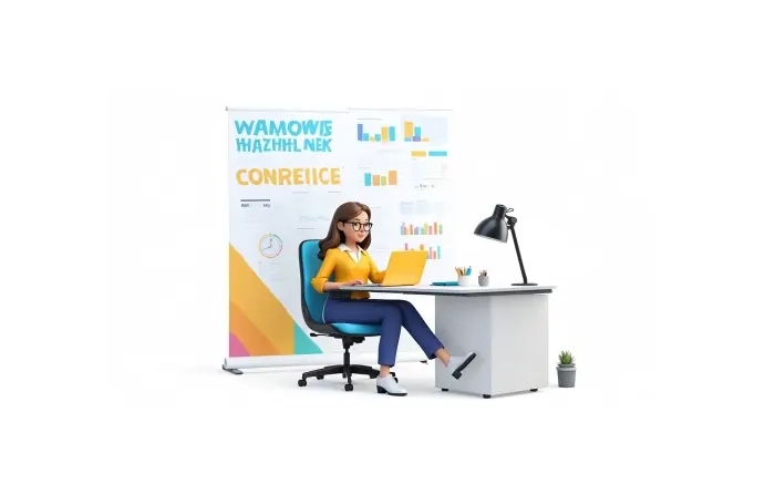 Woman at Table with Laptop 3D Cartoon Character Illustration image