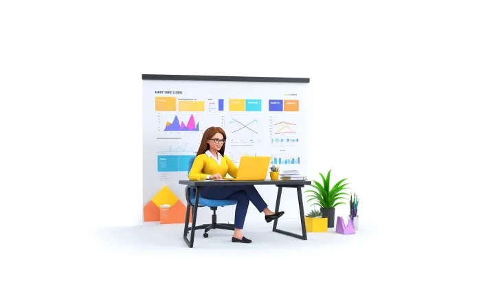 Woman at Table with Laptop 3D Character Artwork Illustration