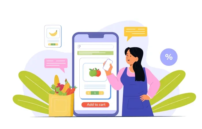 Women Ordering Online Grocery Character Illustration