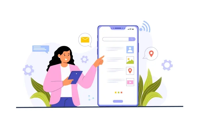 Women Searching on Mobile 2d Illustration