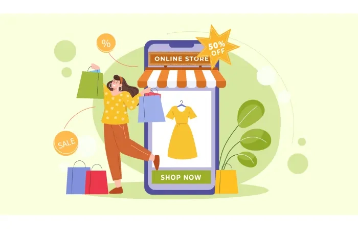Women Shopping Online in E Commerce Store Illustration image