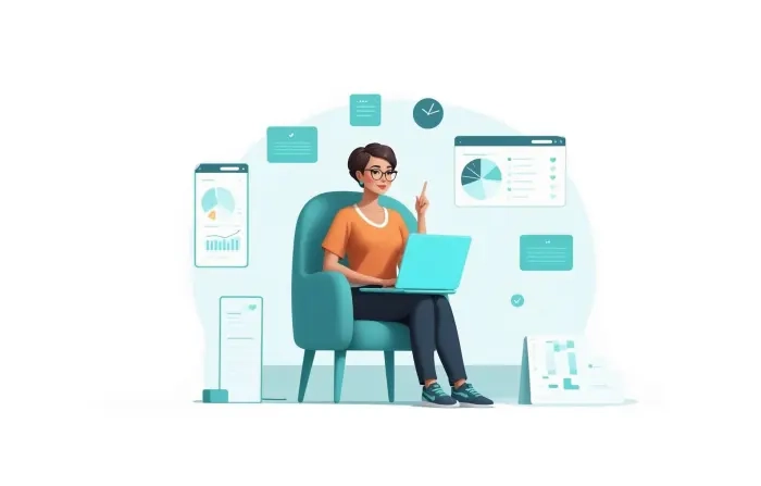Women Working from Home with a Laptop in 3D Design Cartoon Illustration
